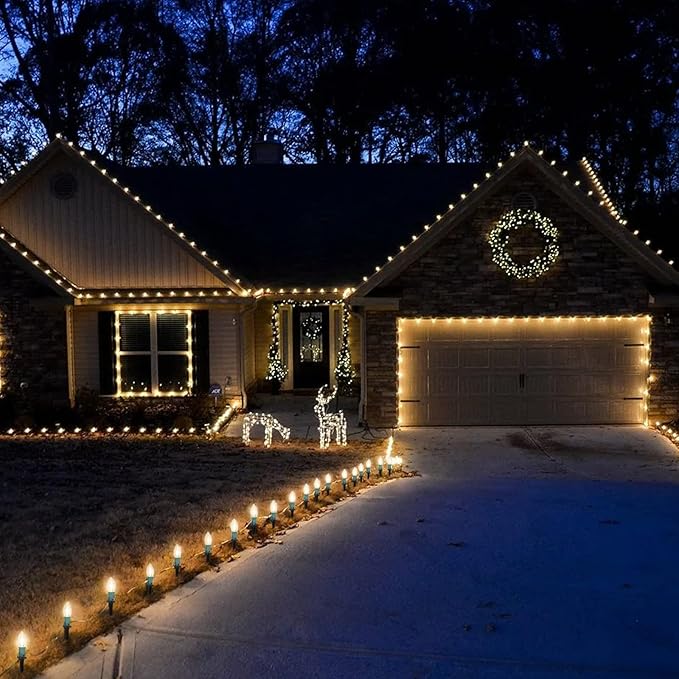 C9 Christmas Lights Outdoor, 2 Packs Total 51.4 Ft 40 Bulbs Christmas Pathway Lights, Waterproof Walkway Lights for Outside Driveway Sidewalk Outdoor Christmas Decorations Yard, Clear