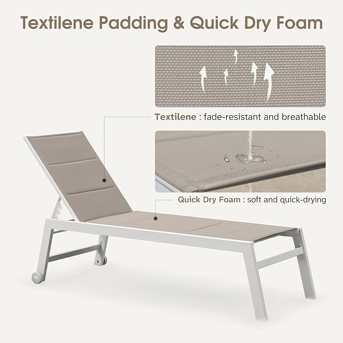 PURPLE LEAF Outdoor Chaise Lounge Set Adjustable Sunbathing Recliner with Side Table for Poolside Beach Outside Patio Aluminum Chaise Lounger Khaki