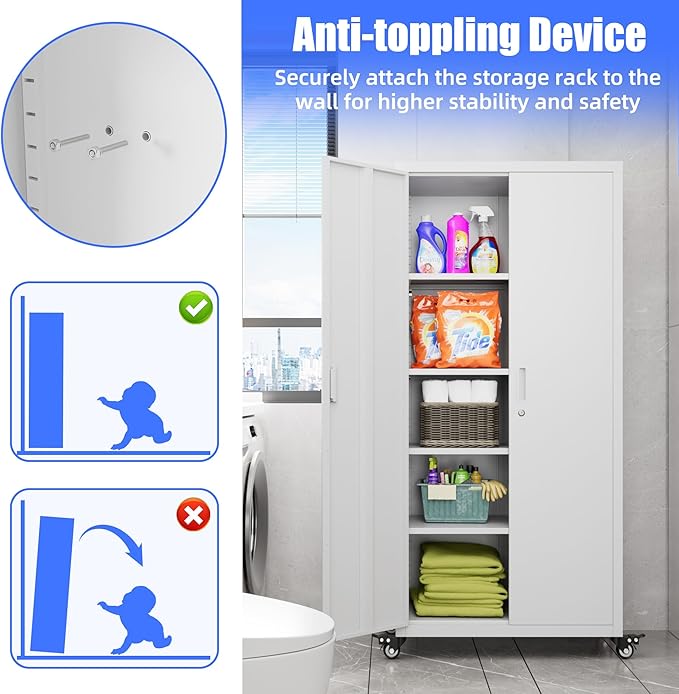 73" H Metal Garage Storage Cabinet with Wheels,Rolling Tool Storage Cabinet with 2 Doors and 4 Adjustable Shelves for Garage,Home,Office,Warehouse,Workshop, Required-Assembly,White