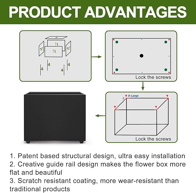 Planter Box Rectangular Block - 16×12×12IN Galvanized Steel Metal Long Box Planter Easy Installation Modern Outdoor Tall Planters All-Weather Use with Drainage Holes for Patio/Porch(Black)