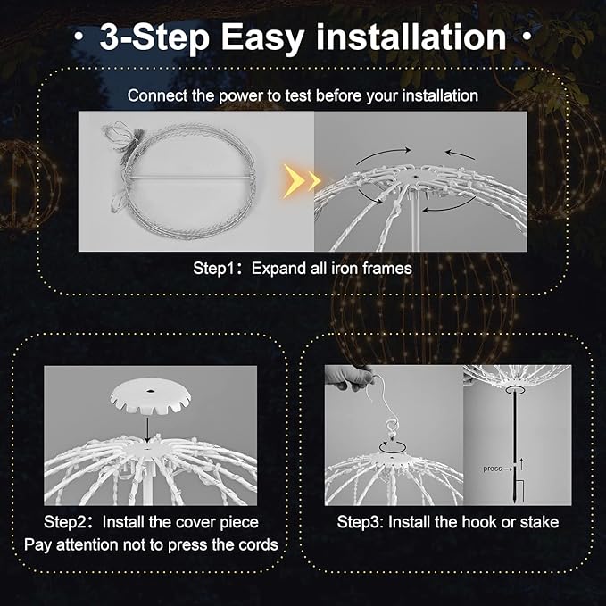 Christmas Ball Sphere, 20IN 200LED Hanging Tree and Pathway Light With Hook and Stake, Foldable Metal Frame Ball for Outdoor Garden, UL Listed, White Frame, RGB