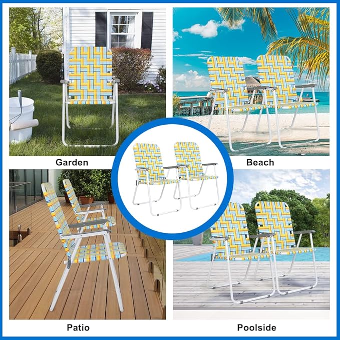 VINGLI Patio Lawn Webbed Folding Chairs Set of 4, Outdoor Beach Chair Portable Dining Chair for Outdoor Yard, Garden (Yellow, Classic)