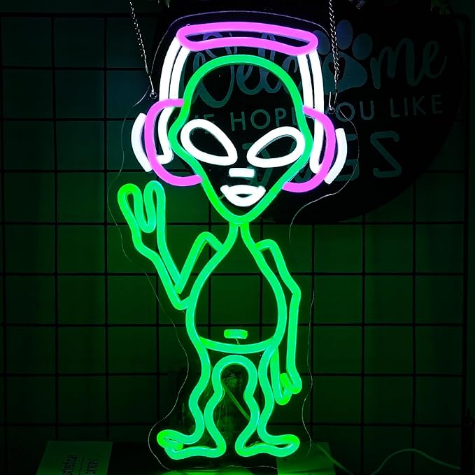 Alien Neon Sign for Wall Decor - Green Music Neon Light Dimmable Cool LED Light Up Sign for Music Studio, Game Room, Party, Bar, Man Cave Decoration