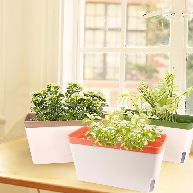 OurWarm Windowsill Herb Planter Box Indoor Set of 3, 10.5 Inch Self Watering Planter Pots with Visual Water Level Window, Modern Plastic Plant Pots for Herbs, Vegetables, Succulents Plants