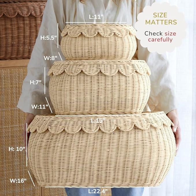 BEBE BASK Large Scalloped Basket Set Of 3 - Hand-Woven & Award-Winning Scallop Basket - XL - Extra Large for Blankets 22 x 16 x 10 In - Elegant Wicker With Scalloped Edge Lid (Natural)