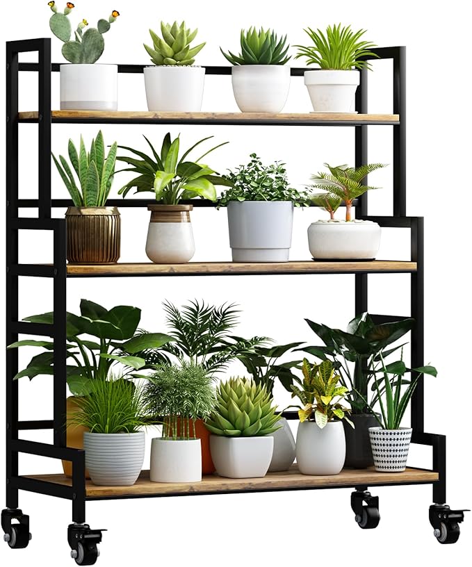 YIZAJIA Plant Stand Indoor 3 Tier Metal Board Outdoor Tiered Stands Shelf With wheel for Multiple Plants Potted Ladder Plant Holder Table Plant Pot Stand for Window Garden Balcony Living Room (3