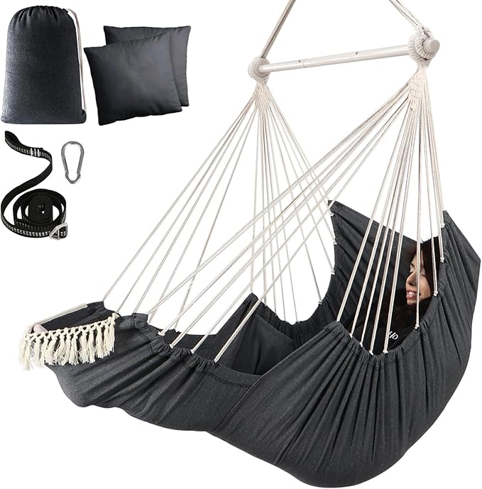 Chihee Hammock Chair Hanging Chair with Foot Rest 2 Cushions Max 500lbs Robust Metal Spreader Bar Collapsible Easy Storage Soft Cotton Swing Chair Strong Strap Iron Carabiner Side Pocket Included