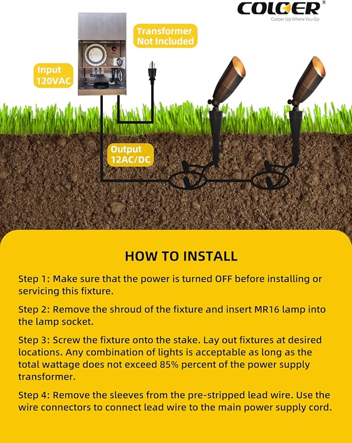 COLOER Brass Landscape Spotlights, 12 Pack Landscape Light Fixture with 5W Aluminum Housing MR16 LED Bulb 2700K 450LM, 12V AC/DC Low Voltage Outdoor Spot Lighting, Uplight for Garden and Patio(102B)