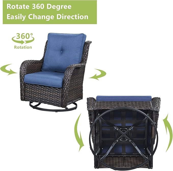 Outdoor Wicker Patio Furniture Set - 5 Pieces Rattan Patio Conversation Set with 2 Rocking Swivel Chairs,2 Ottomans and 1 Side Table for Porch Deck Backyard Garden(Brown/Blue)