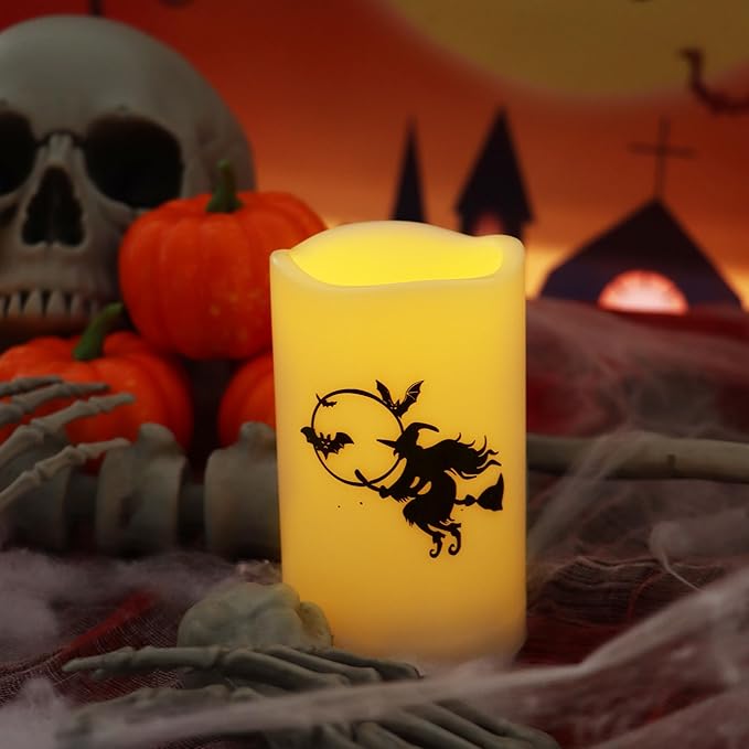 Halloween Outdoor Battery Operated Flameless Pillar Candles with Auto Daily Timer Waterproof Realistic Flickering Electric LED Lights with Pumpkin Witch Decals Halloween Decorations 2 Pack 3X5”
