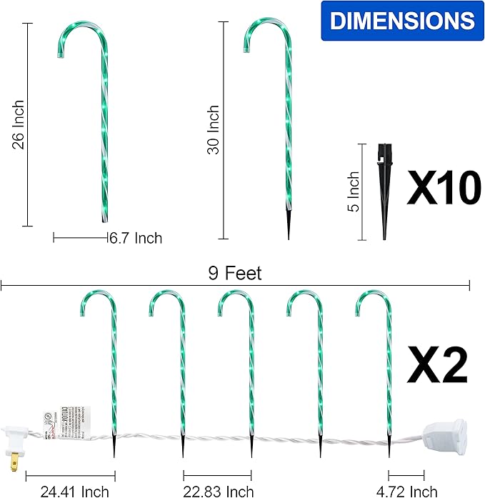 26" Christmas Candy Cane Pathway Markers Lights, Set of 10 Pack Christmas Outdoor Decorations Candy Cane Lights for Yard Patio Garden Walkway Indoor Décor Landscape Path Festival Holiday, Green