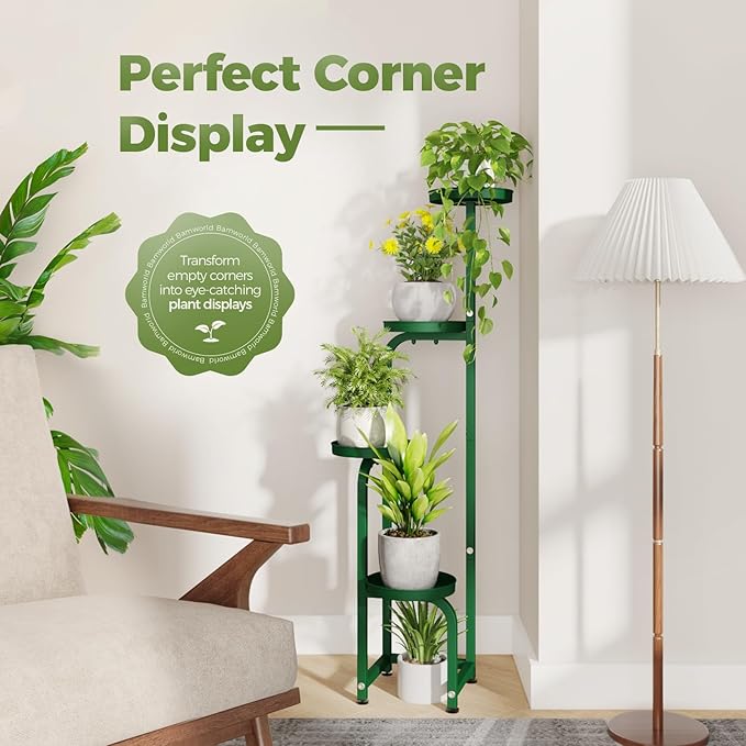 Bamworld Corner Plant Stand Indoor Outdoor, Tall Metal Flower Pot Stands for Multiple Plants, 4 Tier Green Heavy Duty Plant Shelf for Patio Garden Balcony Living Room Bedroom(Patent Design)
