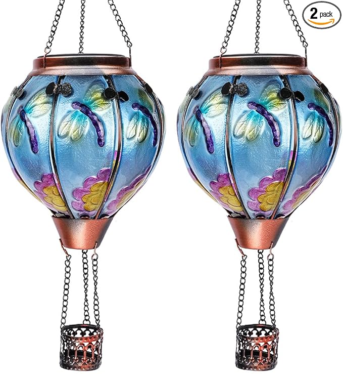 2PC Hot Air Balloon Solar Lantern with 2PC Shepherd Hook, Flickering Flame Hanging Solar Lanterns Outdoor Lights Waterproof Lanterns Decorative Garden Patio Yard Party Decor (Dragonfly)