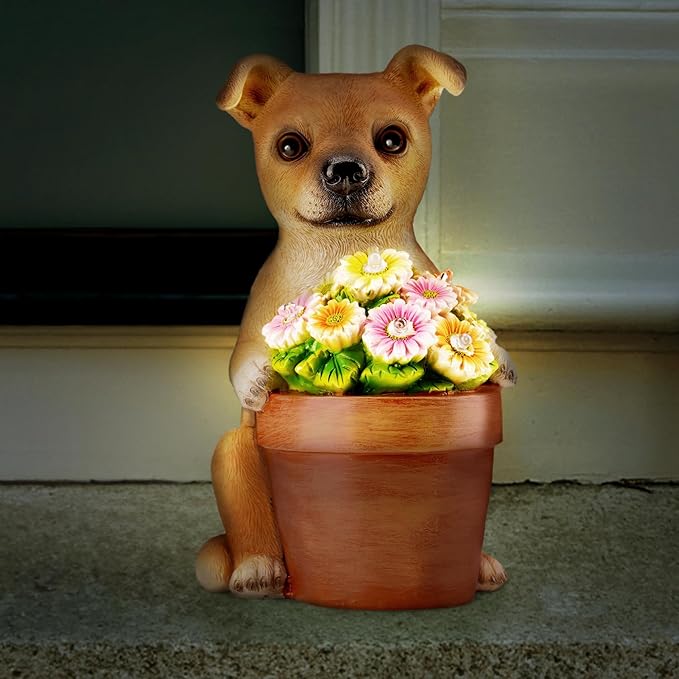 Muldale Solar Dog Statues Outdoor - Solar Powered Outdoor Dog Garden Statue - Hand Painted Floral Plant Pot Light Up