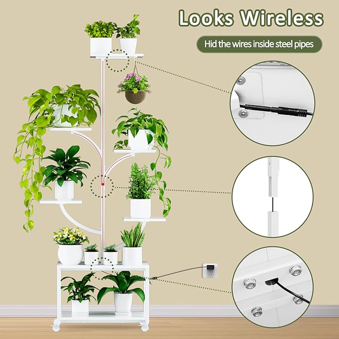 Plant Stand Indoor with Grow Lights, 60" Tall 7-Tier Metal Plant Stand with Wheels & Tree-Shaped Design for Indoor Plants, Flower Holder Display Rack for Home, Patio - White