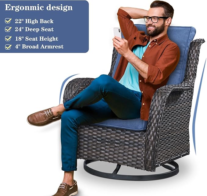 Outdoor Swivel Rcoker Patio Chair - 3 Pieces Wicker Swivel Glider Chairs with Side Table, Patio Furniture Set for Porch Deck Balcony Garden