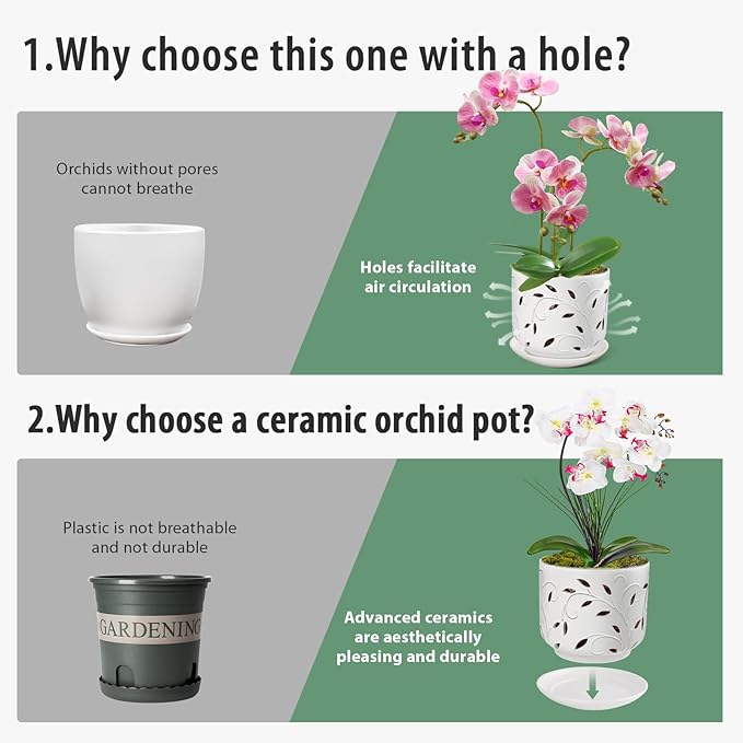 EFISPSS Orchid Pots with Holes, 7 Inch Orchid Pots with Drainage Holes and Tray, Indoor or Outdoor Ceramic Flower Pot for Orchid Care, Promoting Air Circulation and Drainage Plant Pot - White