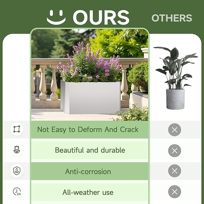 Steel Planter Box-36"x15"x15"-Large Rectangular Planter-Outdoor Indoor-White Matel Planter Box Heavy Duty Commercial Residential for Patio Porch Deck Home Backyard