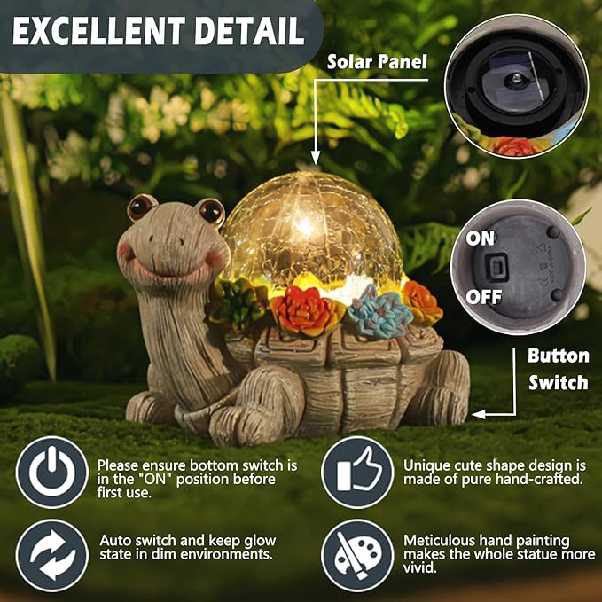 Solar Turtle Statue Garden Decor with Succulent Cracked Glass LED Lights Outdoor Decor Tortoise Figurines for Yard Lawn Balcony Patio Mom Decorations Women Birthday Housewarming Gifts
