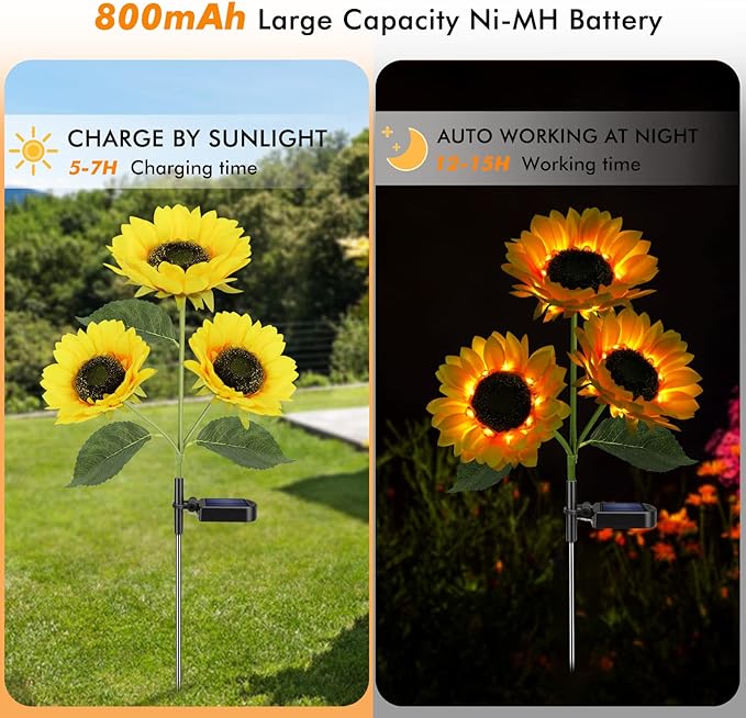 Solar Sunflower Lights, 800mA Solar Garden Light with Real Looking Flowers Outdoor Waterproof Solar Stake Lights for Back Yard, Flower Bed, Pathway, Patio, Porch, Fall Decoration (4 Pack)