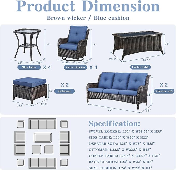 Wicker Patio Furniture Sets - 13 Piece Outdoor Rattan Furniture Conversation Sets with 4 Swivel Rocker Chairs, 2 Rattan Sofas, Wicker Ottomans and Coffee Table, Brown/Blue