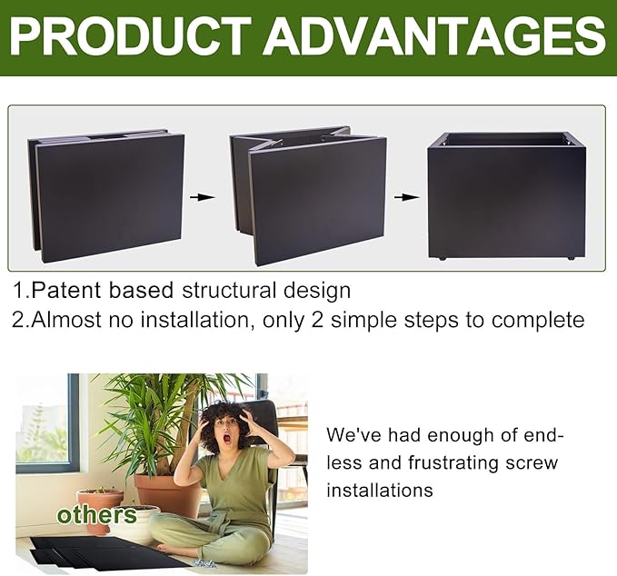 Metal Planter Box Rectangular Block-No Installation Required Galvanized Steel Long Box Planter Modern Outdoor Planters All-Weather Use with Drainage Holes for Patio/Porch,16 ×12×12IN