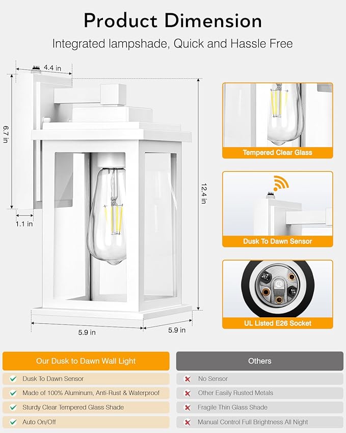 VIANIS White Outdoor Wall Lights, Dusk to Dawn Porch Lights, Anti-Rust Exterior Lighting Fixtures, Dusk to Dawn Outdoor Lighting with Tempered Glass for House, Porch, Garden, Hardwired, Non-Solar