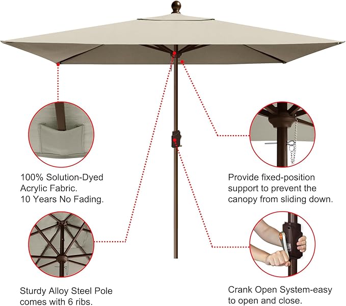 EliteShade USA 10-Year-Non-Fading 6.5x10Ft Rectangular Market Umbrella Patio Umbrella Outdoor Table Umbrella with Ventilation, Antique Beige