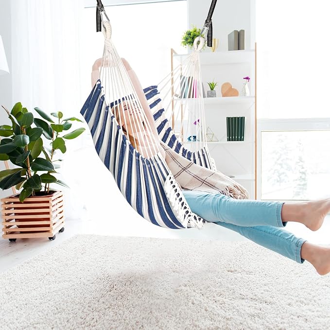 Chihee Hammock Chair Hanging Swing 2 Pillows Included,Strong Webbing Straps and Hooks for Easy Hanging Soft Cotton Hanging Chair Side Pocket Tassel Chair Comfort Indoor Outdoor Blue White