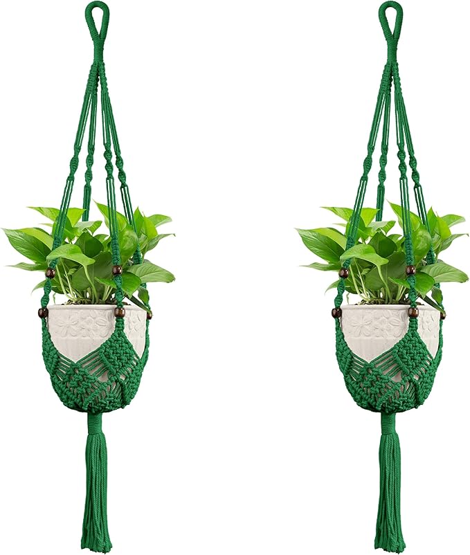 USLAI Macrame Handmade Basket Plant Hanger (2-Pack), for 3-8 Inch Pots, Indoor Outdoor Strong Hanging Planter Flower Pot Holder with Beads and Tassels, Boho Home Decor (POTS NOT Included) (Green)