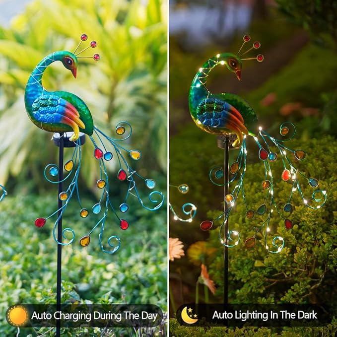VEWOGARDEN 2 Pack Solar Stake Lights Outdoor Waterproof Metal Peacock Solar Lights for Yard Garden Patio Pathway Walkway, Green