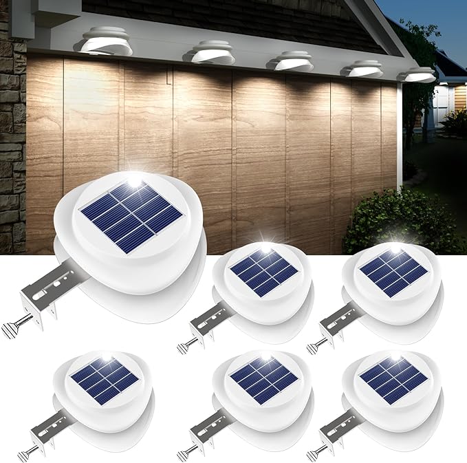ROSHWEY Gutter Lights Solar Powered, 6 Pack Solar Patio Decor Lights with 9 LED Waterproof Fence Light for Eaves Garage Garden Landscape Pathway (Cool White)
