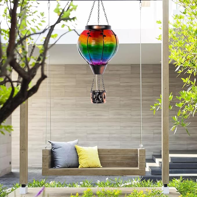 Starsoul 2 PC Solar Hot Air Balloon Lantern with Flame Multi-Color Hot Air Balloon Lantern with Candle Holder Metal & Glass Hanging Garden Light Waterproof Outdoor Lantern Decor