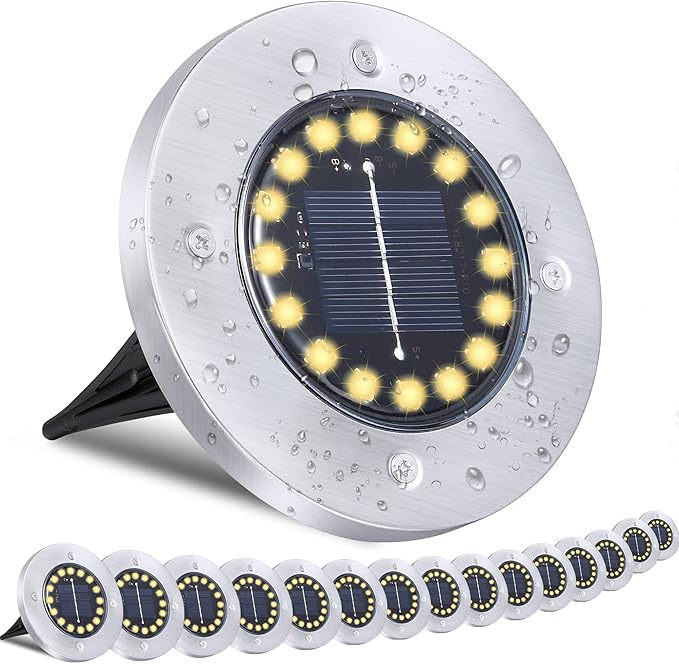 Solar Ground Lights-Waterproof Solar Lights Outdoor Garden- Solar Disk Lights-Upgraded 16LED Bright in-Ground Lights-Landscape Lights for Pathway, Yard, Lawn, Patio, Walkway (16 Pack Warm Light)