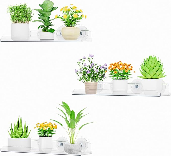 Lifewit Window Plant Floating Shelves 15 inch, 3 Pack Acrylic Suction Cup Shelf, Window Sill Extender for Indoor Succulent Plants, Micro Greens, Seed Starter Pots, Herb Planters
