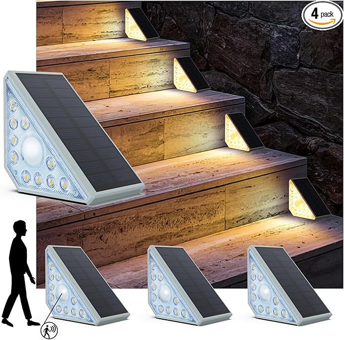 Motion Sensor Solar Step Lights Outdoor Waterproof, 8 Led Solar Stair Lights for Outside, Motion Detector Lights Solar Power for Pathway/Deck/Walkway/Drivway/Lawn/Garden(4PC)