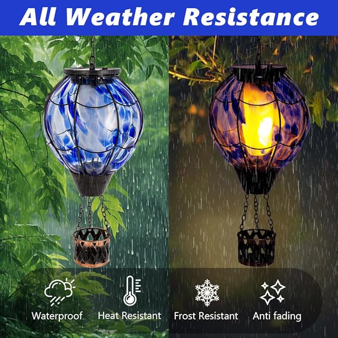2PCS Solar Hot Air Balloon Lantern with Flickering Flame,Blue Glass Hot Air Balloon Solar Lanterns Outdoor Waterproof Hanging Decorative Light for Patio Porch Yard,Garden Gifts for Women