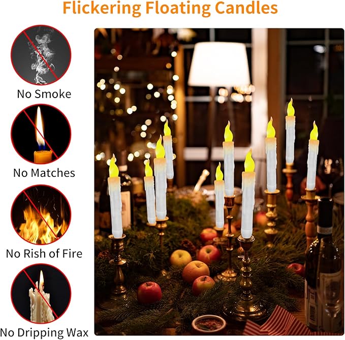 Halloween Decorations, 2023 Newest Floating LED Candles with Wand Remote Control, Witch Wizard Christmas Decor for Indoor Home Room Classroom Bedroom Birthday Party, 12pcs (White & Red), 6.6