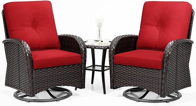 Joyside Outdoor Swivel Rocker Chairs, 3 Piece Wicker Patio Set with Thick Cushion and Side Table, Rattan Patio Swivel Rocking Chairs for Porch, Deck Use (Brown/Red, 3 PCS)