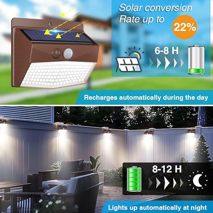 [4 Packs] Solar Outdoor Lights Motion Sensor Solar Security Lights Waterproof with 3 Lighting Modes Solar Powered Wall Lights Outside for Garden Fence Yard,Brown