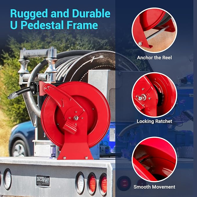 Fuel Hose Reel, 3/4" x 50FT Retractable Diesel Hose Reel, 300 PSI Industrial Heavy Duty Auto Swivel Rewind Hose Holder Reels, for Vehicle Tank Truck Trailer Ship