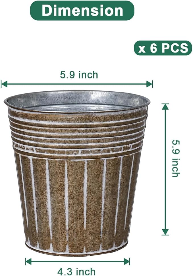 vensovo 6 Inch Brown Metal Rustic Flower Pots - 6Pcs Galvanized Planters with Drainage Hole and Rubber Plug, Rustproof Small Metal Bucket Plant Pots Farmhouse Vintage Style for Decor