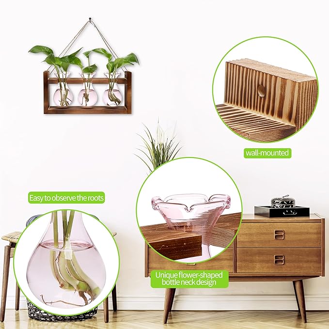 Plant Propagation Station Plant Terrarium Unique Birthday Gifts for Women Plant Lovers Home Office Decor Planter with Wooden Stand - 3 Bulb Glass Vase
