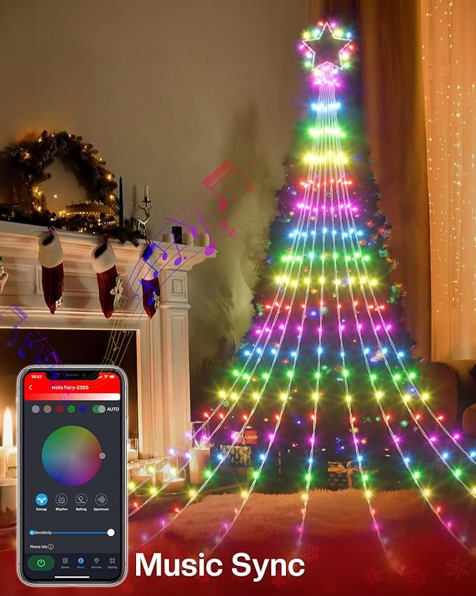 23FT Smart Waterfall Christmas Tree Lights Outdoor Decorations, App Control Color Changing Yard Lights Music Sync Chasing Effect Waterproof Outside 355 LED Star String Lights