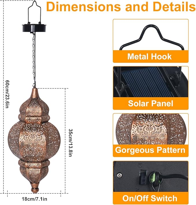 Hanging Solar Lights, Outdoor Decor Solar Lantern, Waterproof Metal Moroccan Lantern for Outside Patio Pathway Yard Front Porch Backyard Garden Decorative