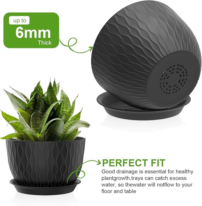 Plant Pots 12/10/9 Inch Pots, Set of 3 Plastic Planters with Drainage Holes and Saucers,Plastic Flower Pots,Nursery Planting Pot for Indoor Out Door Plants（Black）