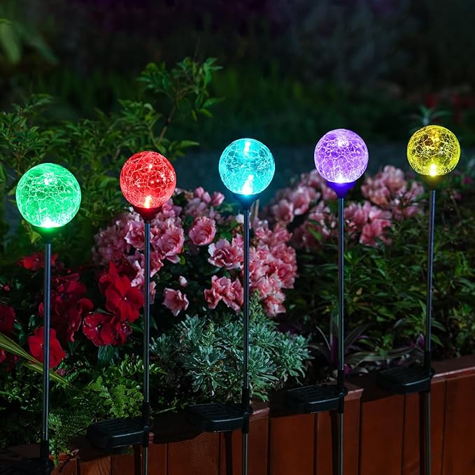Solar Outdoor Lights - 6 Pack Crystal Cracked Glass LED Solar Garden Globe Light, Color-Changing Solar Stake Ball Light Auto On/Off, Solar Pathway Light for Landscape Patio Yard Halloween Decorations