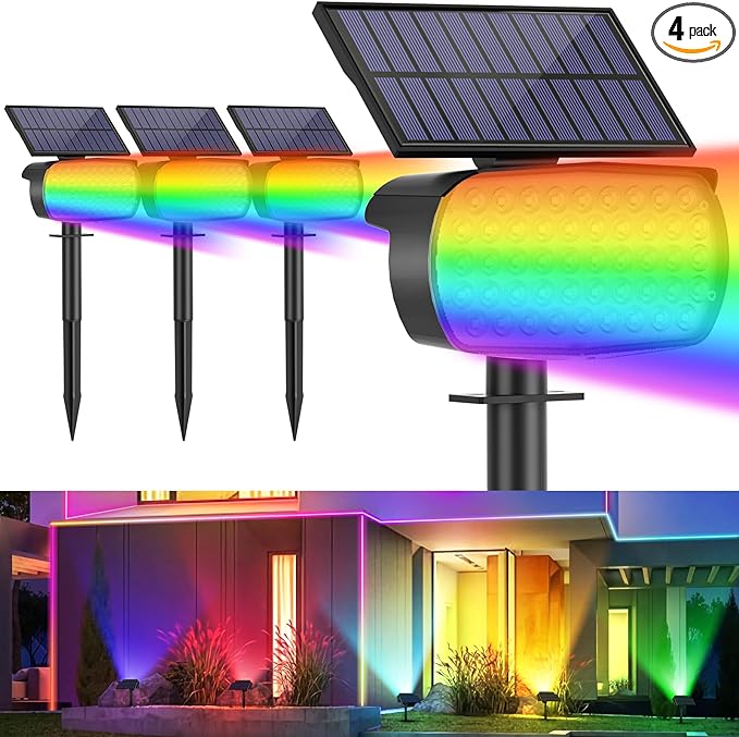 Solar Color Changing Spot Lights Outdoor, Multicolor Landscape Spotlights, IP65 Waterproof, Large Solar Panel, Yard Garden Pathway Light 4 Pack