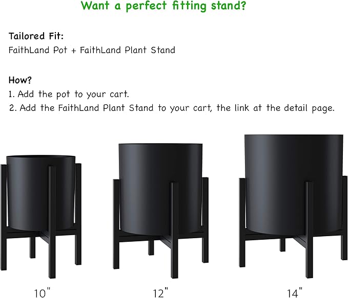 FaithLand Plant Pot 10 inch - Perfectly Fits Mid-Century Modern Plant Stand - Drainage Plug and Drainage Mesh Screen - Matte Black Planter