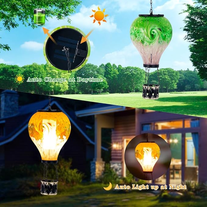 Solar Hot Air Balloon Lanterns with Flame Flickering Hanging Solar Lanterns Outdoor Waterproof LED Glass Garden Decorative Lights for Patio Yard Porch Tree,Mother Day Gift for Women(Green)